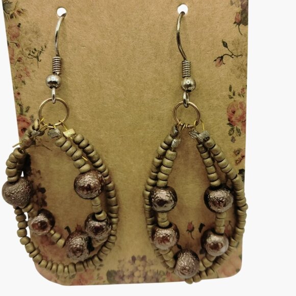 Handcrafted Boho Beaded Dangle Earrings Brown Gold Beads - Picture 1 of 7